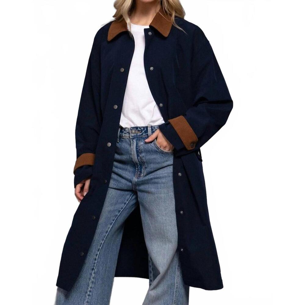 NEW ACTIVE BASIC long sleeve contrast collar button down trench coat in navy